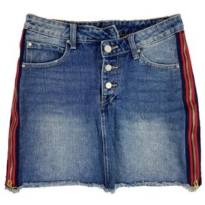 Zuiki #Jeans Denim Forever And Ever Mini Skirt Red Zippers Frayed Hem Size 6